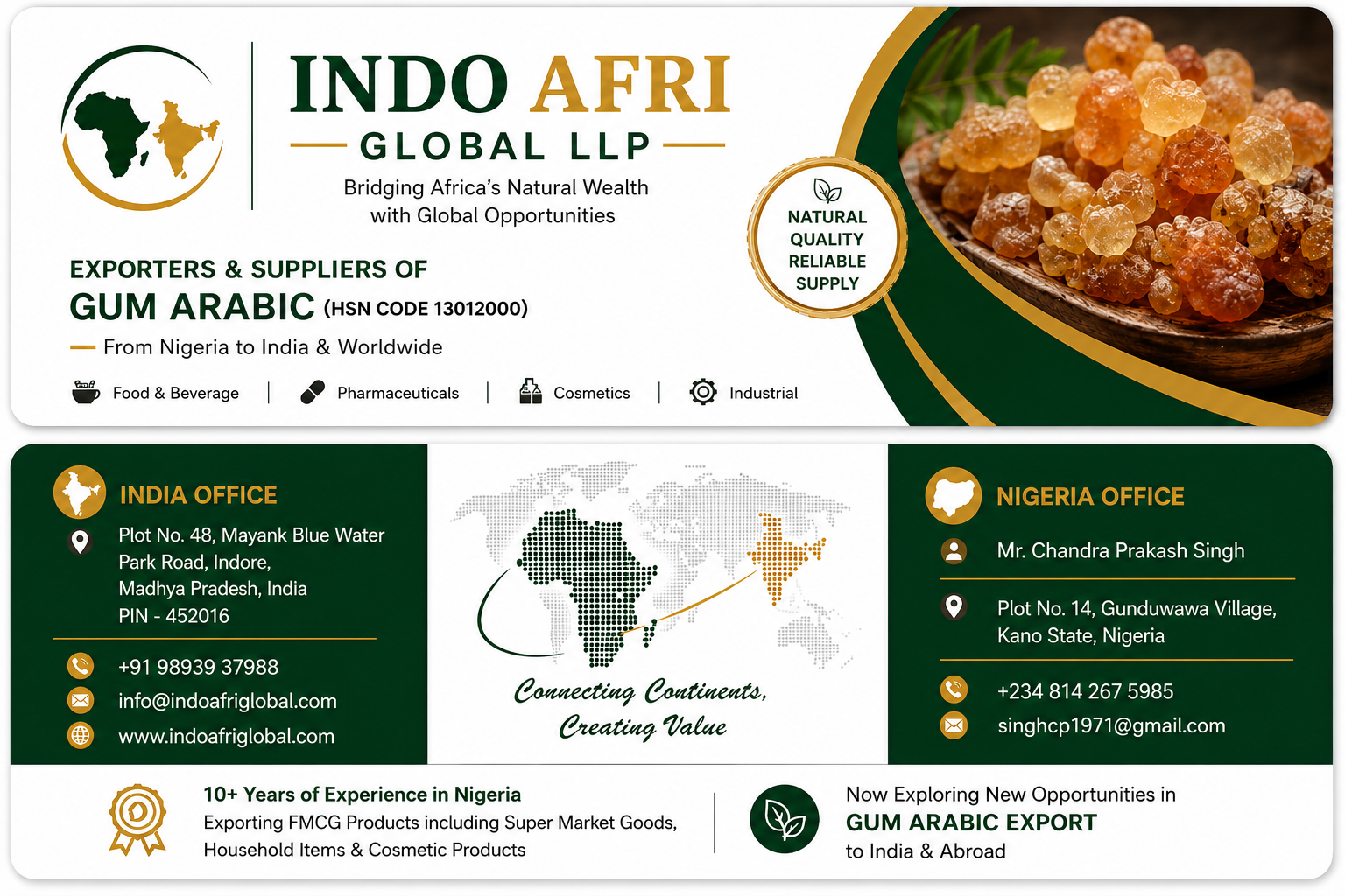 INDO AFRI GLOBAL LLP business card with company contact details